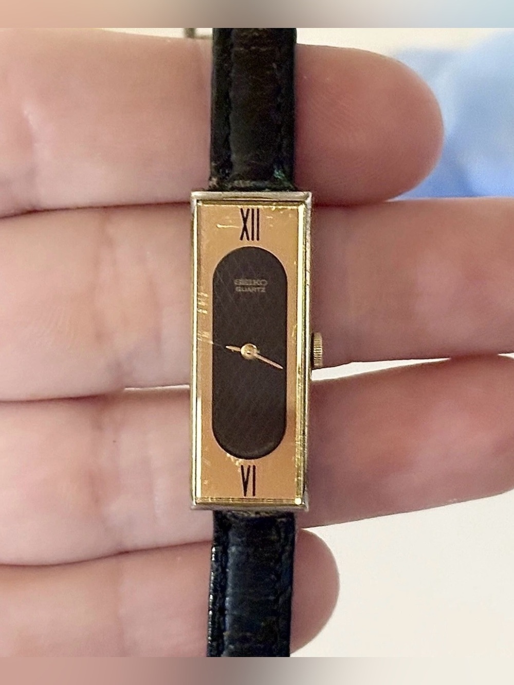 Rare Ladies Seiko Gold-Plated Slim Rectangular Black Leather Sleek Tank Watch